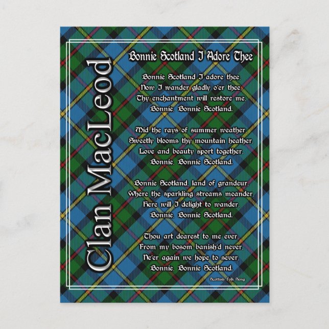 Cartão Postal Bonnie Scotland I Adore The Clan MacLeod Tartan (Frente)