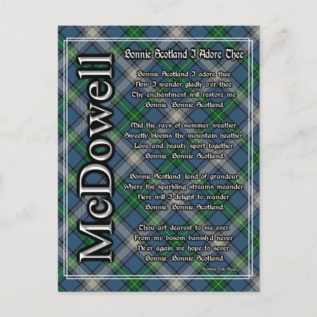 Cartão Postal Bonnie Scotland I Adore The Clan McDowell Tartan (Frente)