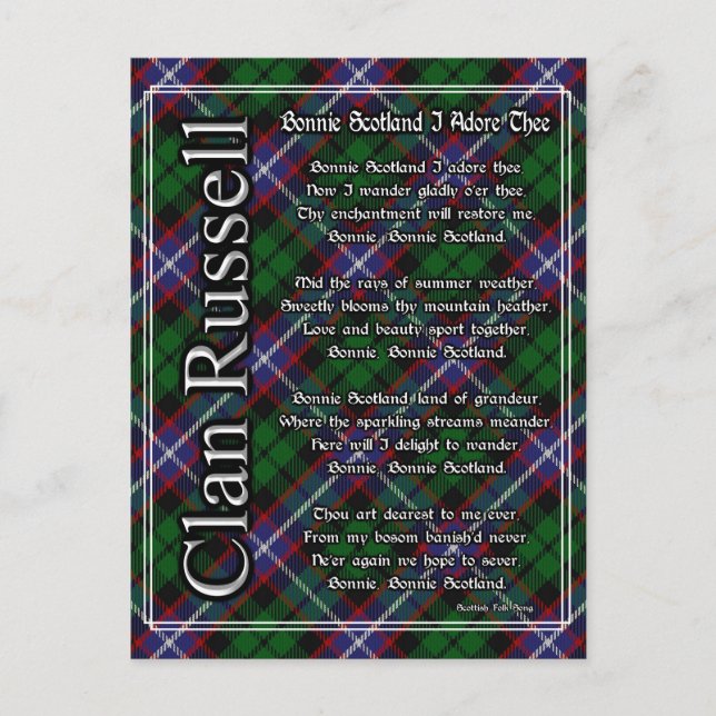 Cartão Postal Bonnie Scotland I Adore The Clan Russell Tartan (Frente)