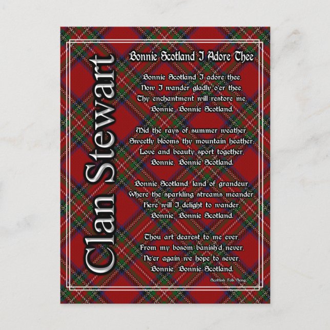 Cartão Postal Bonnie Scotland I Adore The Clan Stewart Tartan (Frente)