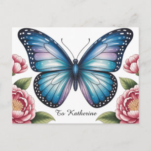 Cartão Postal Borboleta Azul Celestial e Peônia Rosa com Texto
