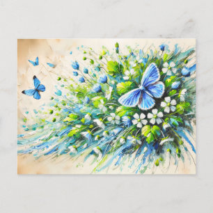 Cartão Postal Borboleta Azul com Flores Esqueçam-me-Não em Óleo