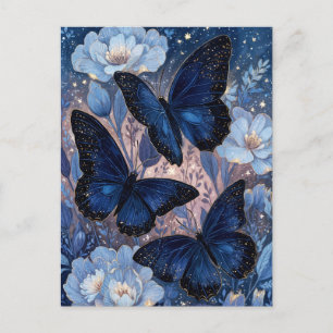 Cartão Postal Borboleta Azul-Marinho e Dourada com Flor Azul