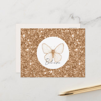 Cartão Postal Borboleta Branca Brilho Falso Dourado  