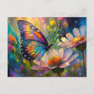 Cartão Postal Borboleta colorida e flores silvestres no nascer d