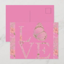 Cartão Postal Borboleta de Amor Rosa Floral