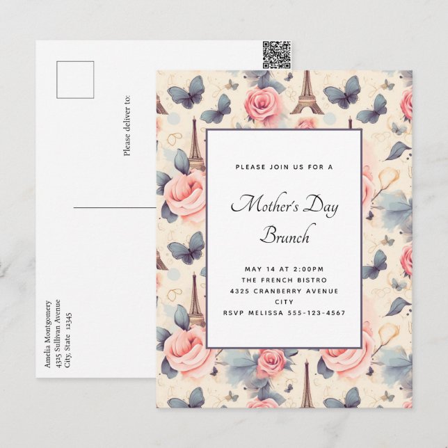 Cartão Postal Borboleta e Dia de as mães de Torre Eiffel (Frente/Verso)