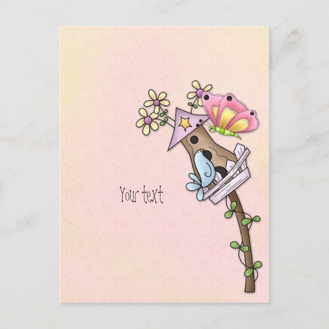 Cartão Postal Borboleta e pássaro se encontrando na casa dos pás (Frente)