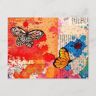 Cartão Postal Borboleta Elegante Pintura Watercolor Vintage Book
