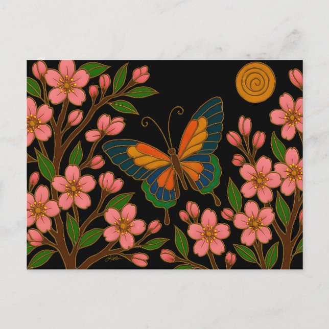 Cartão Postal Borboleta Flor de Cerejeira Lua (Frente)