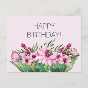 Cartão Postal Borboleta Floral bonito rosa Aniversário
