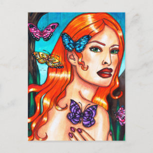 Cartão Postal Borboleta Lady Nature Girl desenho original Po