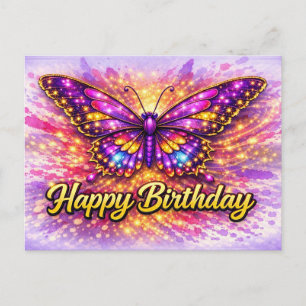Cartão Postal Borboleta Mágica de Feliz Aniversário Dourada e Ro