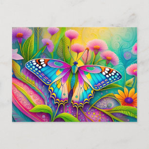 Cartão Postal Borboleta Psicodélica Colorida e Flores Silvestres