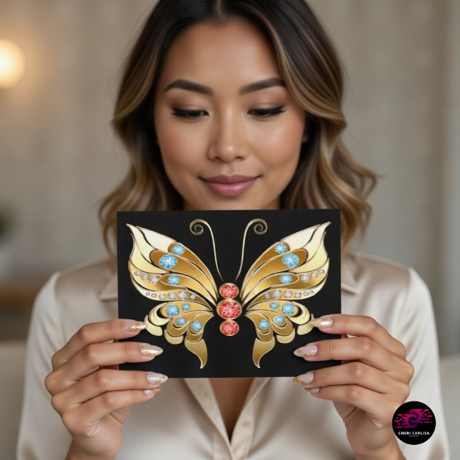 Cartão Postal Borboleta Revestida a Ouro (Gold jeweled butterfly postcard that makes every message unforgettable ✨🦋)