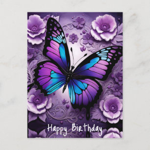 Cartão Postal Borboleta Roxa Floral de Aniversário 