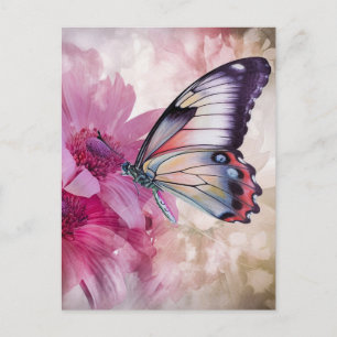 Cartão Postal Borboleta Sonhadora com Flores Rosa