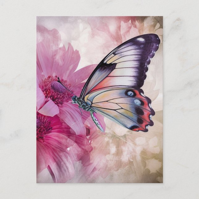 Cartão Postal Borboleta Sonhadora com Flores Rosa (Frente)