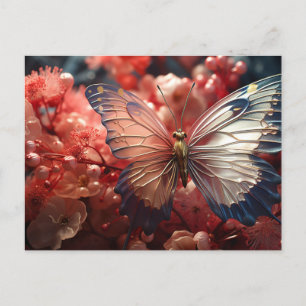 Cartão Postal Borboleta transparente, berries e flores
