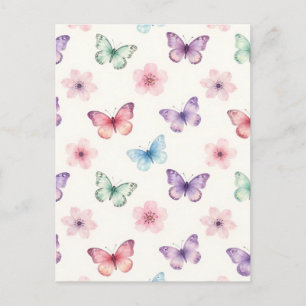 Cartão Postal Borboletas Aquarela Padrão Flores de Cerejeira