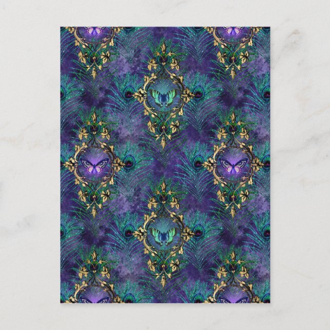 Cartão Postal Borboletas com moldura e penas de peacock (Frente)
