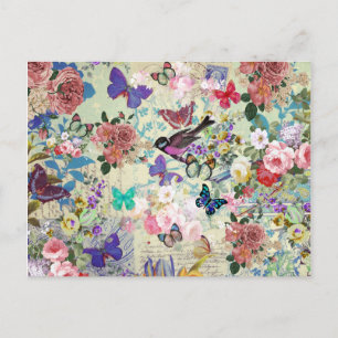 Cartão Postal Borboletas de aves coloridas padrão floral de colh