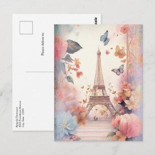 Cartão Postal Borboletas e Flores da Torre Eiffel