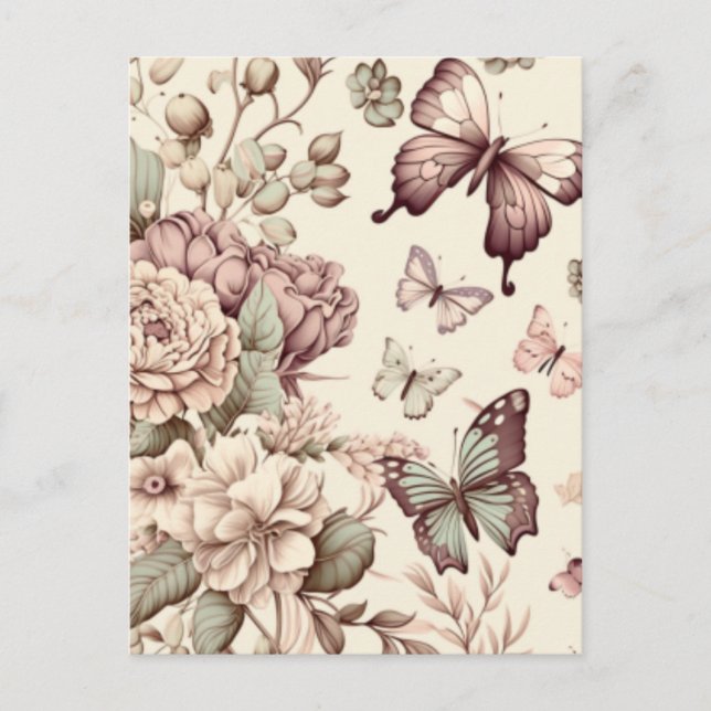 Cartão Postal Borboletas e flores decoração pastosa (Frente)
