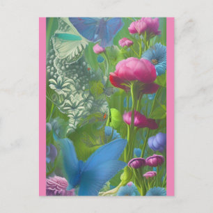 Cartão Postal Borboletas Florais, azuis e brancas, cor-de-rosa-m