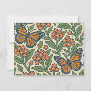 Cartão Postal Borboletas Monarch e Flores de Milkweed