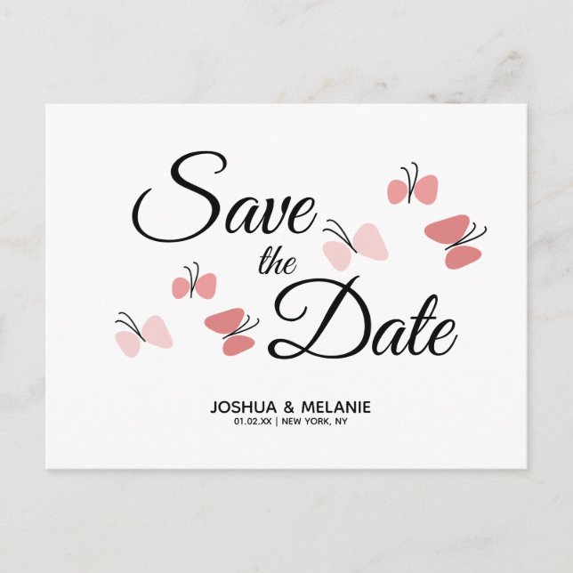 Cartão Postal Borboletas Românticas Rosa Save the Dates  (Frente)