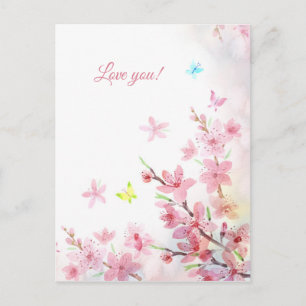 Cartão Postal Borboletas Rosa Sakura Aquarela Amo Você