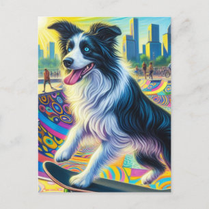 Cartão Postal Borda Adorável Collie Skateboard
