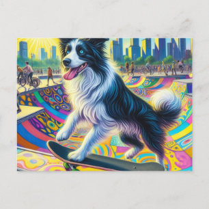 Cartão Postal Borda Adorável Collie Skateboard