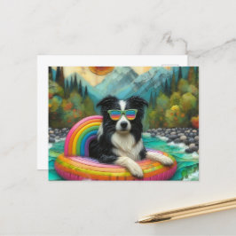Cartão Postal Borda Collie em uma flutuação colorida do arco-íri