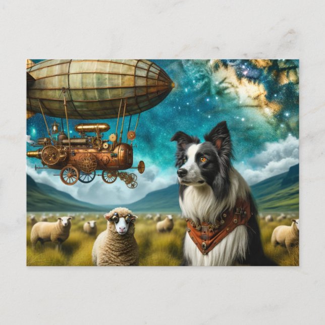 Cartão Postal Borda Steampunk Collie com ovelha e Blimp (Frente)