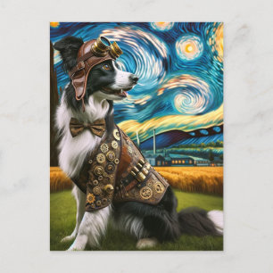 Cartão Postal Borda Steampunk Collie na Noite Estrelada