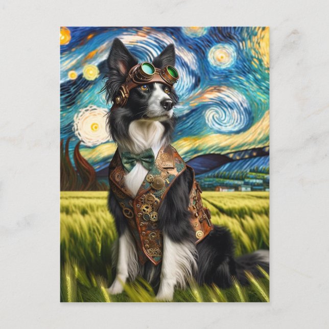 Cartão Postal Borda Steampunk Collie na Noite Estrelada (Frente)