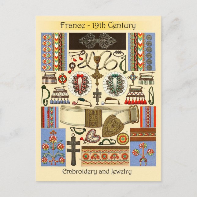 Cartão Postal Bordados e Joias - França, século XIX (Frente)