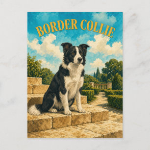 Cartão Postal Border Collie, Arte de Cachorro em Aquarela Vintag