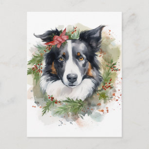 Cartão Postal Border Collie Christmas Wreath Festivo Pup