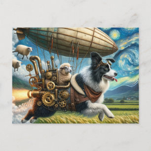 Cartão Postal Border Collie Steampunk Engraçado Com Ovelhas e Ba
