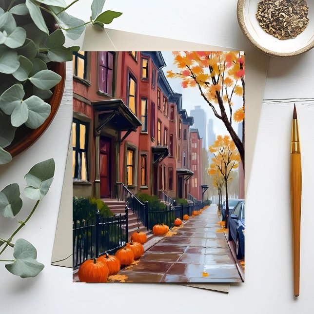 Cartão Postal Boston Autumn Brownstones Pumpkin Watercolor (Criador carregado)