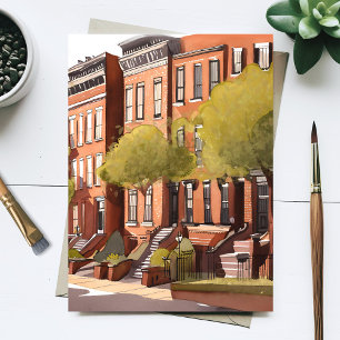 Cartão Postal Boston Brownstones   Beacon Street Aquarela