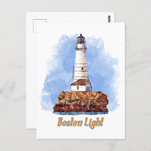 Cartão Postal Boston Light Lighthouse Watercolor - Massachusetts