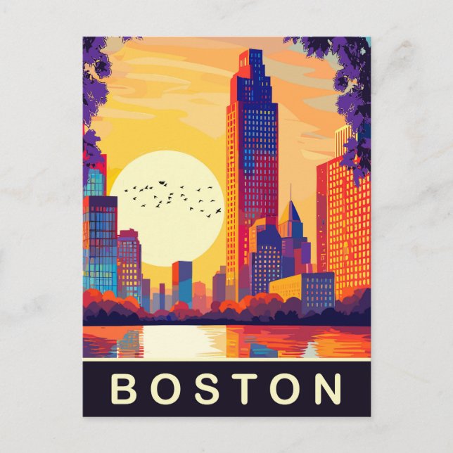 Cartão Postal Boston, MA, Horizonte ao Pôr do Sol, Viagem (Frente)
