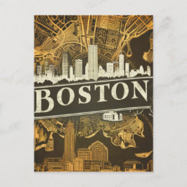 Cartão Postal Boston, Massachusetts City Skyline com Mapa