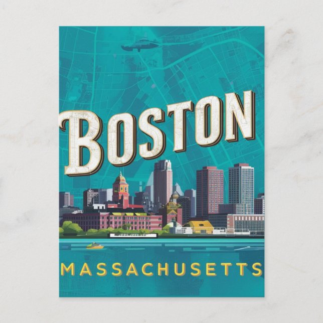 Cartão Postal Boston, Massachusetts City Skyline com Mapa (Frente)