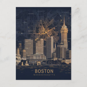 Cartão Postal Boston, Massachusetts City Skyline com Mapa