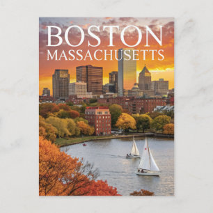 Cartão Postal Boston Massachusetts Skyline Autumn Barcos Posto